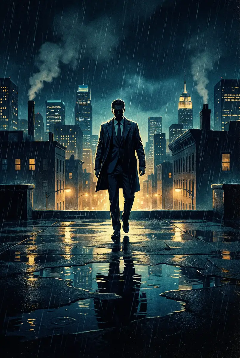 一区二区 出品影片《雨夜独行者》海报，雨中城市屋顶男性剪影